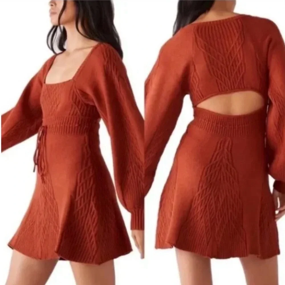 Free People Sweater Dress Women Large Cinnamon Balloon Sleeve Knit Emmaline Mini